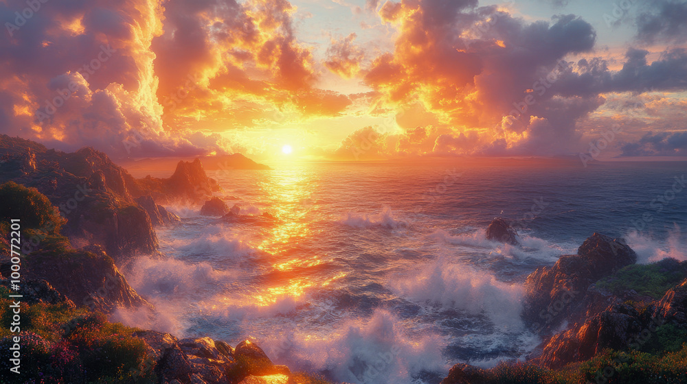 Vibrant sunset illuminating the ocean with crashing waves and dramatic rocky cliffs under colorful clouds Vibrant sunset illuminating the ocean with crashing waves and dramatic rocky cliffs under colorful clouds