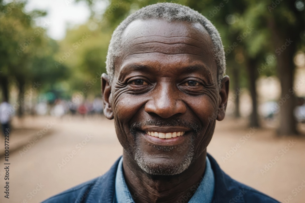 Close portrait of a smiling senior Senegalese man looking at the camera, Senegalese outdoors blurred background Close portrait of a smiling senior Senegalese man looking at the camera, Senegalese outdoors blurred background