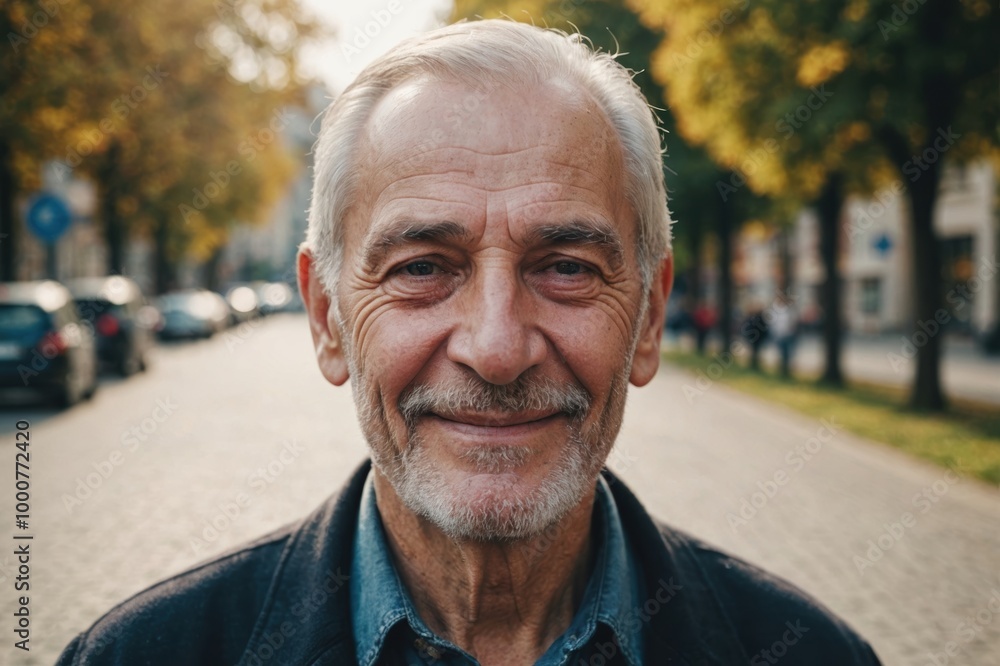 Close portrait of a smiling senior Serbian man looking at the camera, Serbian outdoors blurred background Close portrait of a smiling senior Serbian man looking at the camera, Serbian outdoors blurred background