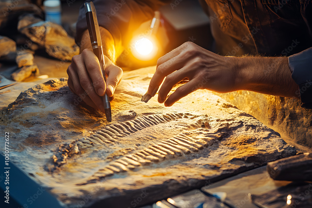 Paleontologist carefully examines and restores ancient fossil in a laboratory setting under warm lighting. Fossil preparation, archeological research, and preservation of ancient discoveries
Paleontologist carefully examines and restores ancient fossil in a laboratory setting under warm lighting. Fossil preparation, archeological research, and preservation of ancient discoveries