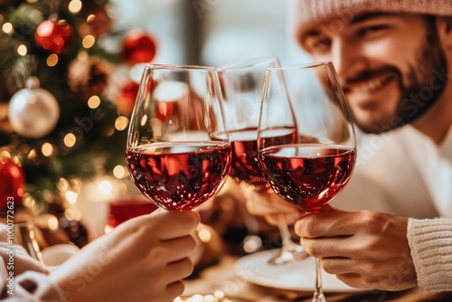 Friends joyfully toast with red wine glasses, surrounded by a cozy holiday atmosphere and a sparkling Christmas tree