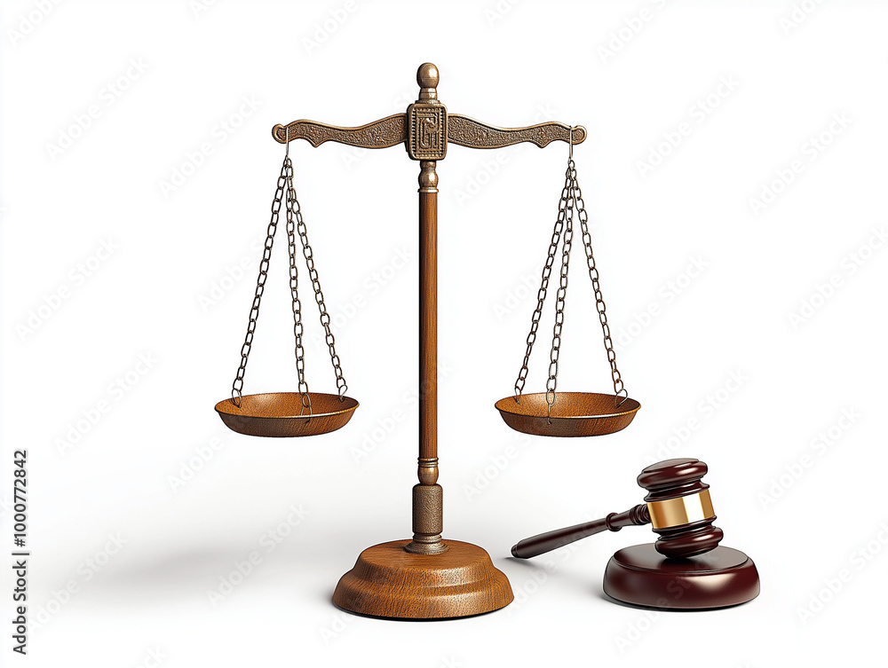 Wooden balance scale and gavel representing justice and law Wooden balance scale and gavel representing justice and law