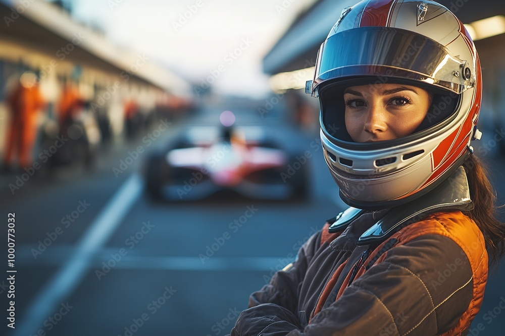 Female racer in helmet, focused before the race Female racer in helmet, focused before the race