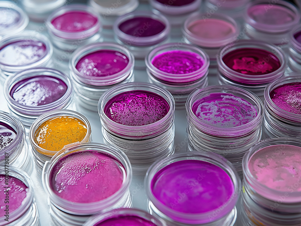 Array of pink and purple hues in petri dishes Array of pink and purple hues in petri dishes