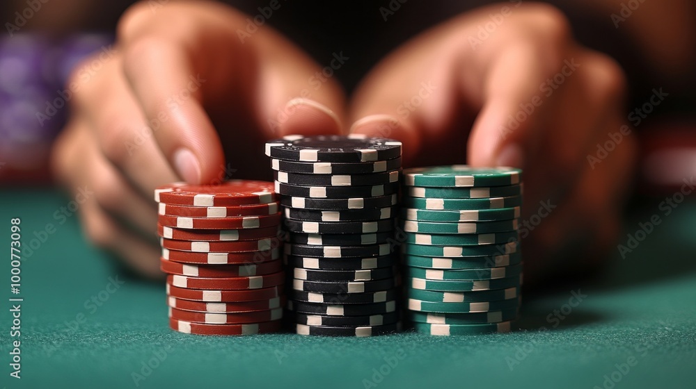 A person is holding three stacks of poker chips A person is holding three stacks of poker chips