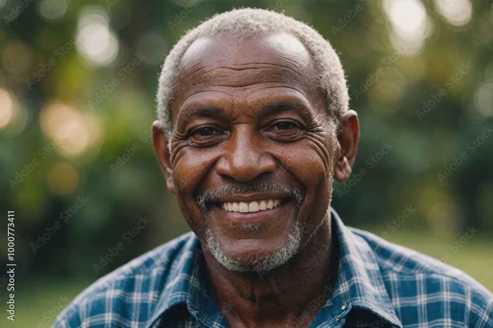 Close portrait of a smiling senior Solomon Islander man looking at the camera, Solomon Islander outdoors blurred background Close portrait of a smiling senior Solomon Islander man looking at the camera, Solomon Islander outdoors blurred background