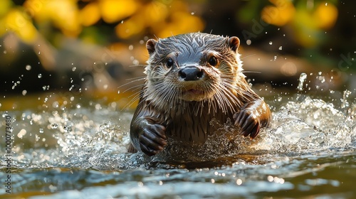 Playful Otter Sliding into Water, Creating Splashes, Fun Riverbank Scene (Ideal for nature, wildlife, and outdoor adventure concepts) Generative AI