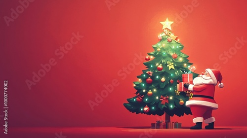 Santa Claus holding gifts and standing next to the Christmas tree
