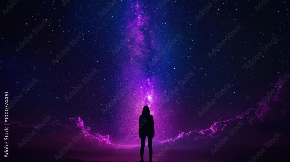 A silhouette stands against a vibrant cosmic backdrop filled with stars and swirling colors, evoking a sense of wonder and exploration. A silhouette stands against a vibrant cosmic backdrop filled with stars and swirling colors, evoking a sense of wonder and exploration.
