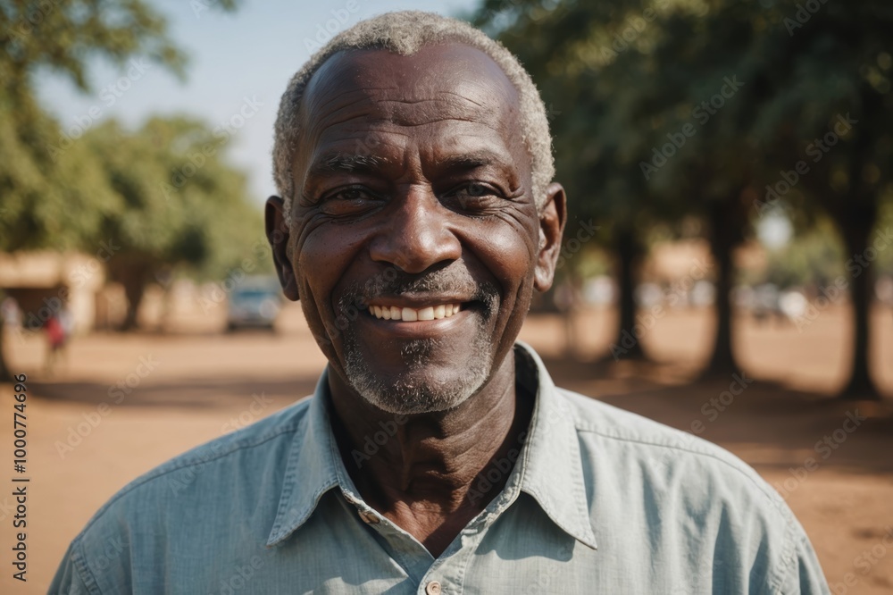 Close portrait of a smiling senior Sudanese man looking at the camera, Sudanese outdoors blurred background Close portrait of a smiling senior Sudanese man looking at the camera, Sudanese outdoors blurred background