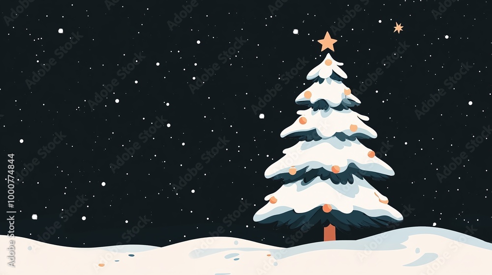 a christmas tree with a star on it and a snow covered background. a christmas tree with a star on it and a snow covered background.