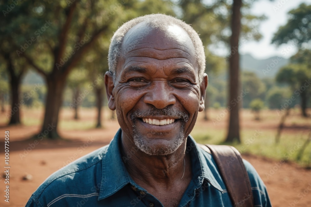 Close portrait of a smiling senior Swazi man looking at the camera, Swazi outdoors blurred background Close portrait of a smiling senior Swazi man looking at the camera, Swazi outdoors blurred background