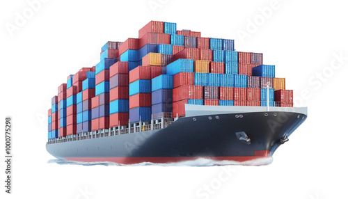 Full cargo ship with containers isolated on transparent background photo