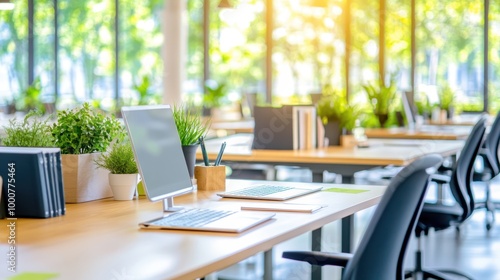 Wallpaper Mural Modern, sunlit office with large windows, minimalistic decor, and greenery, creating a fresh and bright workspace. Torontodigital.ca