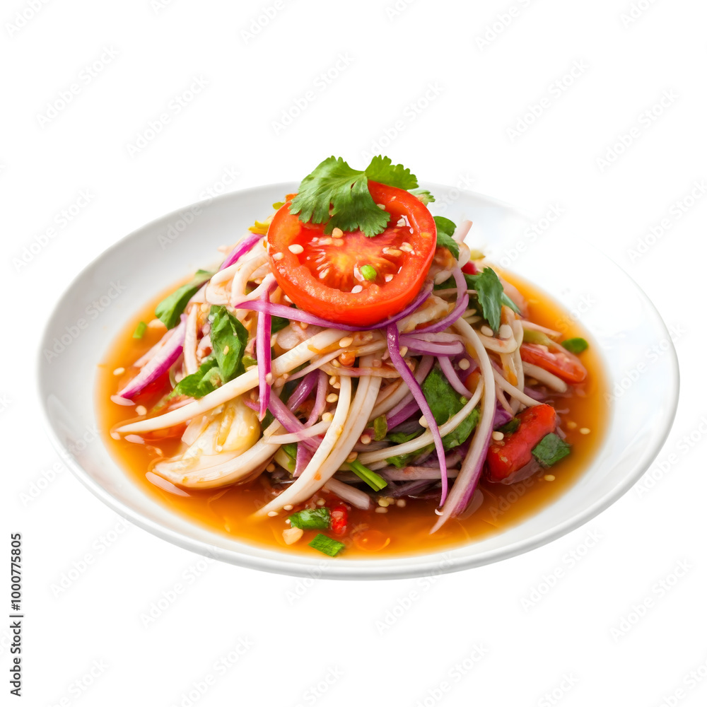 Spicy Thai Salad: A vibrant and colorful Thai salad, featuring a medley of fresh vegetables and herbs, garnished with a juicy tomato slice. This dish captures the essence of Thai cuisine. Spicy Thai Salad: A vibrant and colorful Thai salad, featuring a medley of fresh vegetables and herbs, garnished with a juicy tomato slice. This dish captures the essence of Thai cuisine.