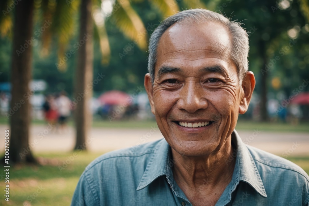 Close portrait of a smiling senior Thai man looking at the camera, Thai outdoors blurred background Close portrait of a smiling senior Thai man looking at the camera, Thai outdoors blurred background