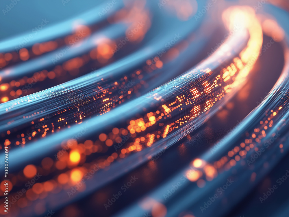 Illuminated fiber optic cables with glowing orange data streams Illuminated fiber optic cables with glowing orange data streams