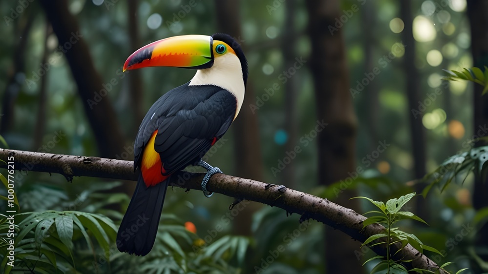 Naklejka premium Toucan sitting on the branch in the forest, green vegetation, full of copy space, colorful wallpaper Generative AI