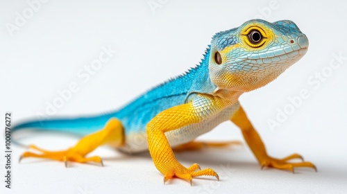 Beautiful bright lizard, bright colors, long tail, bright shining eyes, standing upright full length, no background