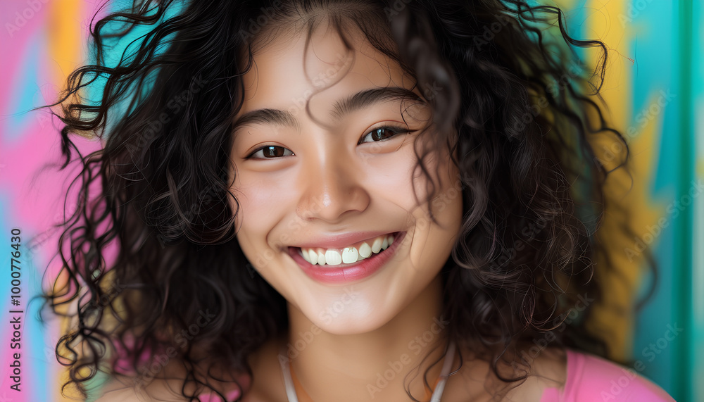 Smiling Young Woman with Curly Hair Against Colorful Background Smiling Young Woman with Curly Hair Against Colorful Background