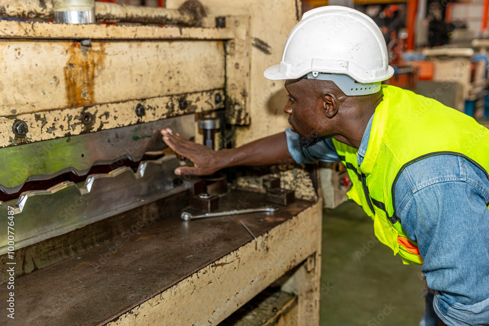 An African metal engineer or technician is checking the iron roof forming machine for the next operation in a factory. Metal worker in safety dress is repairing the roof forming machine. An African metal engineer or technician is checking the iron roof forming machine for the next operation in a factory. Metal worker in safety dress is repairing the roof forming machine.