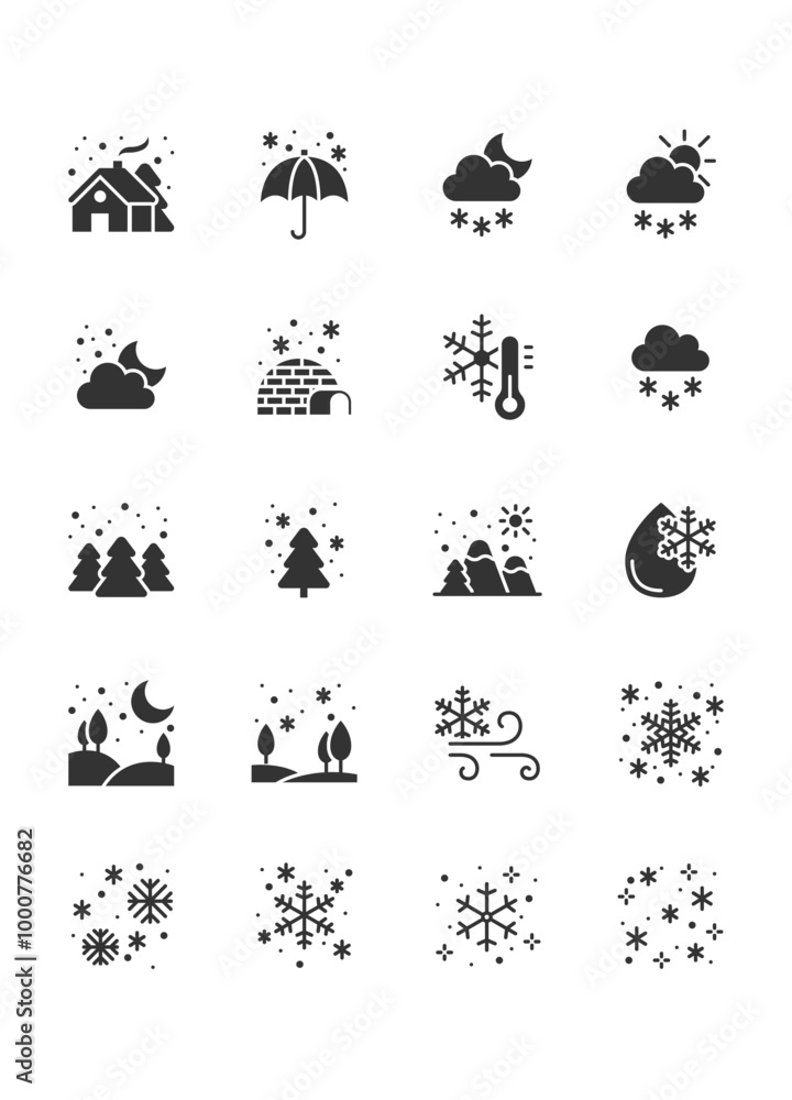 set of winter icons, winter landscape, snowfall, cold weather set of winter icons, winter landscape, snowfall, cold weather
