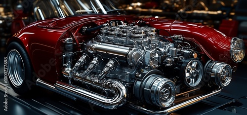 A close-up of a classic car engine, with intricate details.