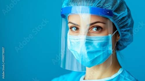 A healthcare professional in a blue mask and face shield emphasizes the importance of personal protective equipment in healthcare settings