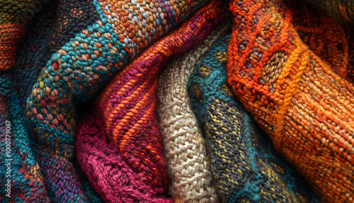 Zoomed-in textures of fabrics like knit wool, woven patterns, or intricate embroidery, creating a cozy, tactile feel