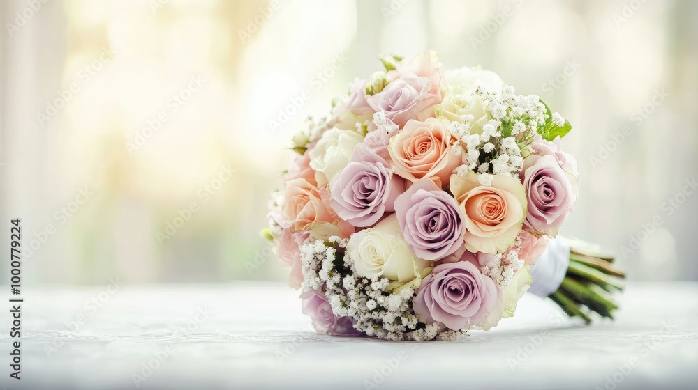 A beautifully arranged wedding bouquet on a table, with soft pastel background and space for text. A beautifully arranged wedding bouquet on a table, with soft pastel background and space for text.