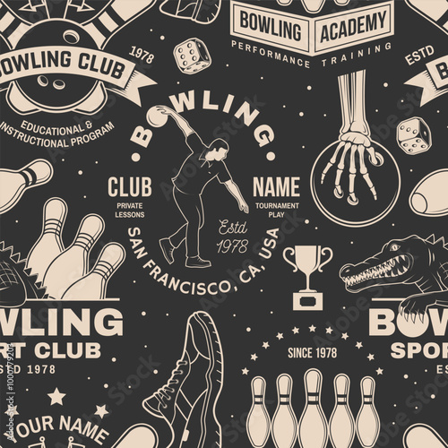 Bowling sports club seamless pattern. Vector illustration. Vintage monochrome label, sticker, patch with bowling ball and athlete bowling shoot pins silhouettes.