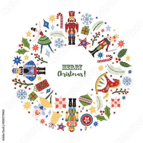 Christmas wreath with cute motifs from the ballet Nutcracker. Vector template. Retro design.
