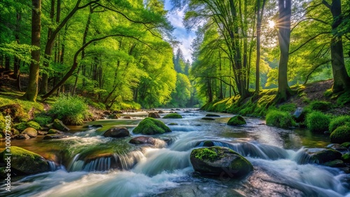 4K Scenic View of a Rapid Creek Flowing Through Lush Green Trees on a Bright Day in Nature