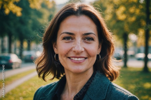 Close portrait of a smiling 40s Albanian woman looking at the camera, Albanian outdoors blurred background