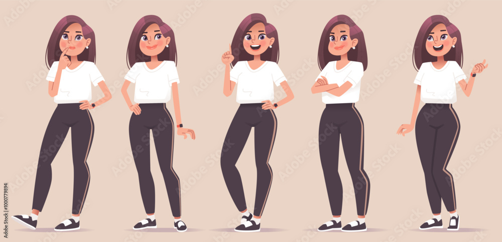 Obraz premium Set of girl character in sportswear. Young woman, online coach or mentor, in various poses and actions. Vector illustration