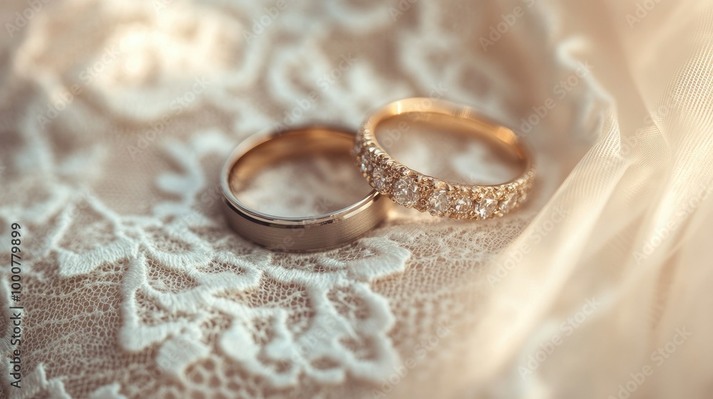 A pair of wedding bands resting on a lace pillow, with soft lighting and space for text. A pair of wedding bands resting on a lace pillow, with soft lighting and space for text.
