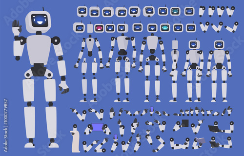 Robot character constructor. Chatbot with different body, arm and leg positions, set of emotions to create animation