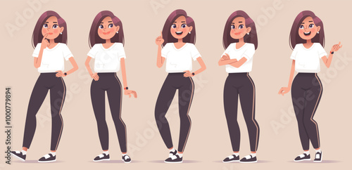 Set of girl character in sportswear. Young woman, online coach or mentor, in various poses and actions. Vector illustration