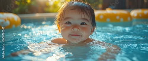 Happy Child Swimming in a Pool with a Sunny Day