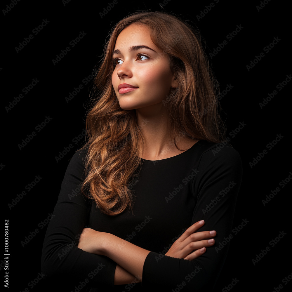 Confident young lady looking away, standing with crossed arms isolated on black Confident young lady looking away, standing with crossed arms isolated on black