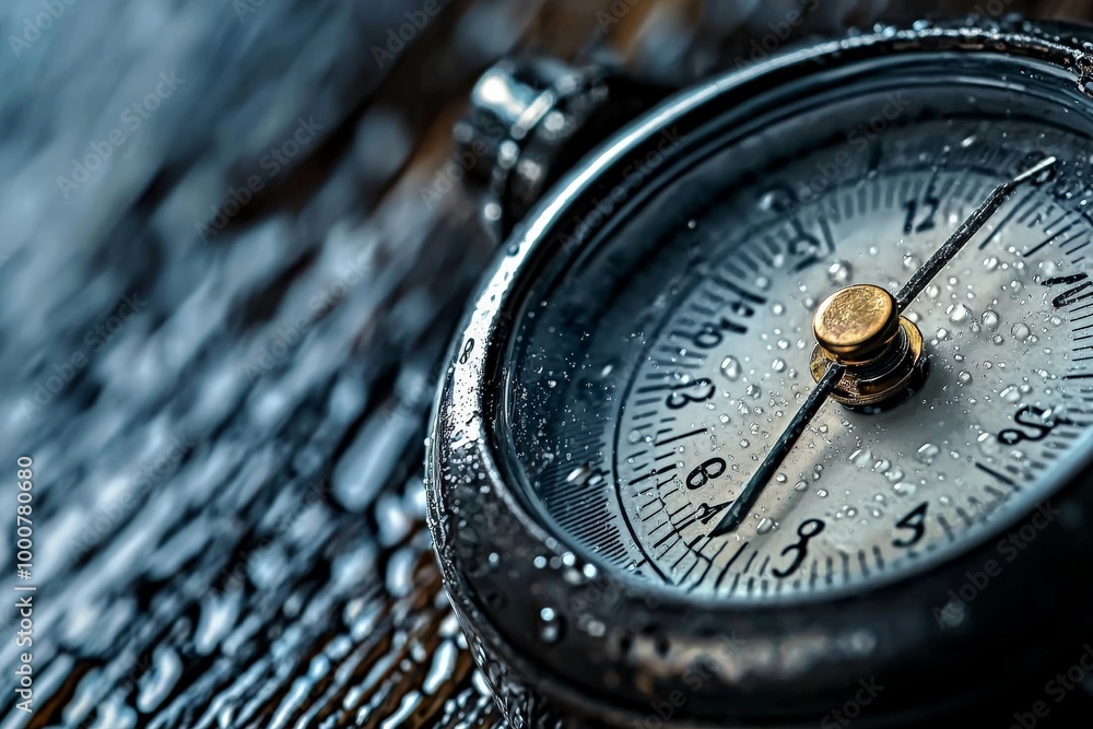 A close-up of a barometer measuring a sudden drop in air pressure, indicating an incoming storm A close-up of a barometer measuring a sudden drop in air pressure, indicating an incoming storm