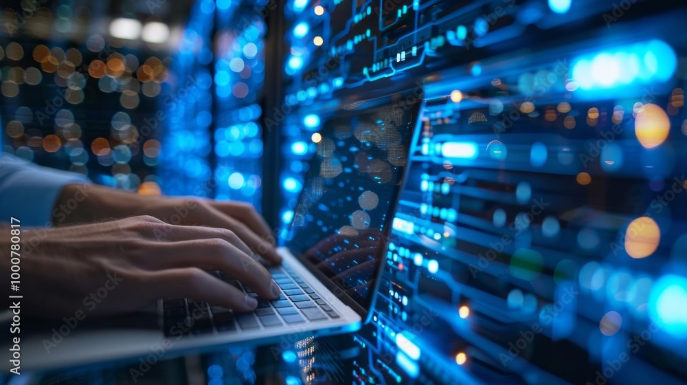 A man is typing on a laptop in front of a large computer screen A man is typing on a laptop in front of a large computer screen