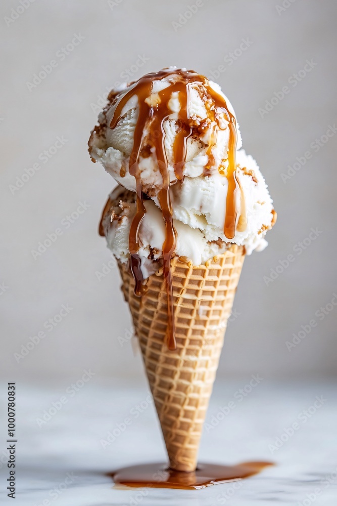 A cone of salted caramel ice cream with a caramel drizzle A cone of salted caramel ice cream with a caramel drizzle