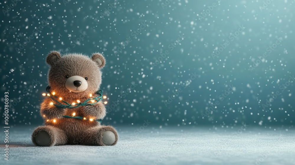 Bear with festive lights wrapped around it, snowfall background, 3D illustration Bear with festive lights wrapped around it, snowfall background, 3D illustration