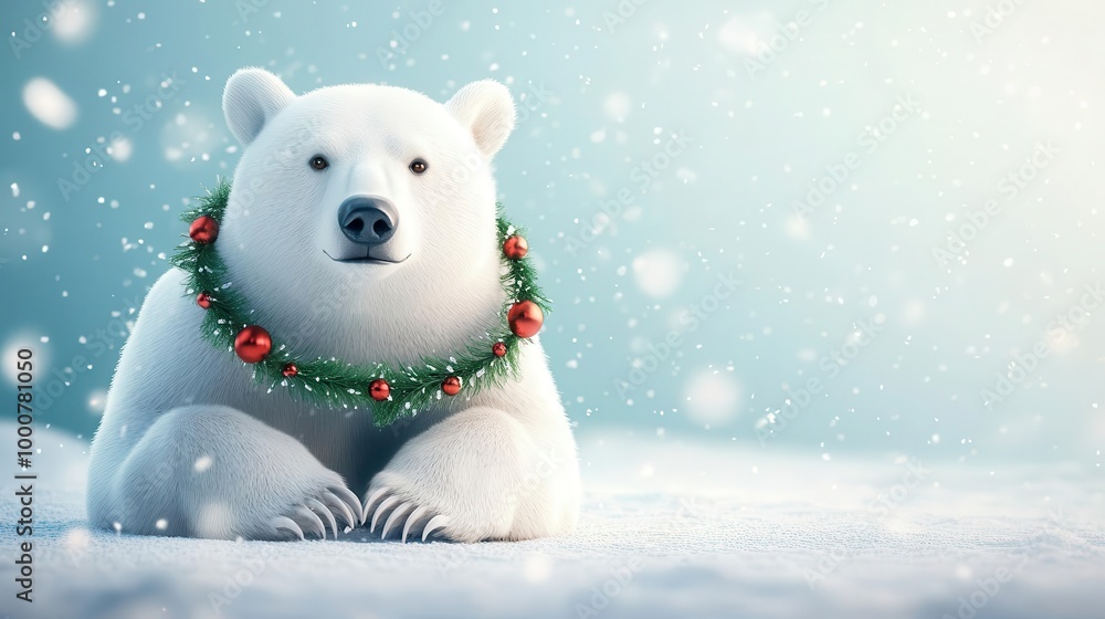 Polar bear with festive garland, snowy arctic landscape, 3D illustration Polar bear with festive garland, snowy arctic landscape, 3D illustration