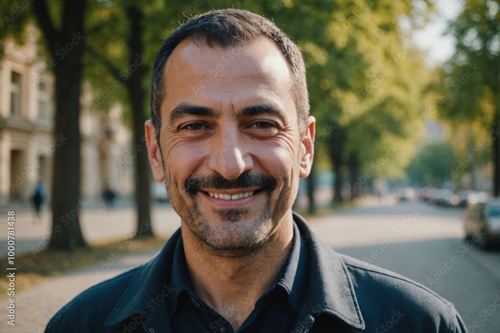 Close portrait of a smiling 40s Azerbaijani man looking at the camera, Azerbaijani outdoors blurred background Close portrait of a smiling 40s Azerbaijani man looking at the camera, Azerbaijani outdoors blurred background