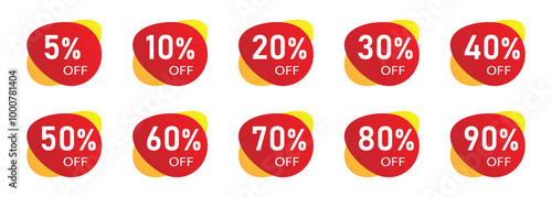 product discount tag sticker set. shopping discount label with 5, 10, 20, 30, 40, 50, 60, 70, 80, 90 percent off. transparent png and vector illustration