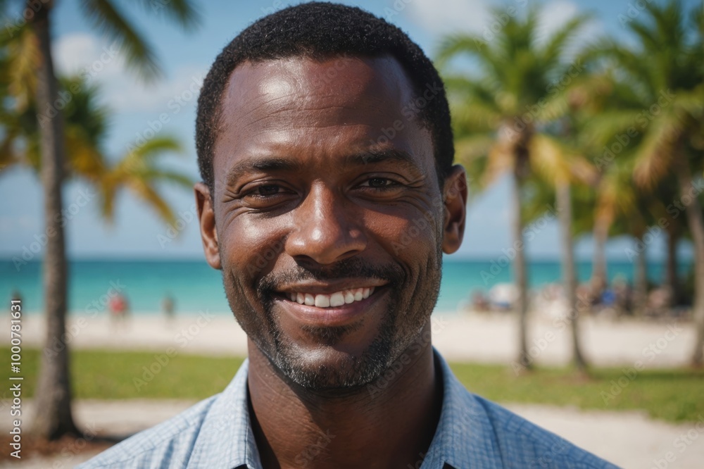 Close portrait of a smiling 40s Bahamian man looking at the camera, Bahamian outdoors blurred background Close portrait of a smiling 40s Bahamian man looking at the camera, Bahamian outdoors blurred background