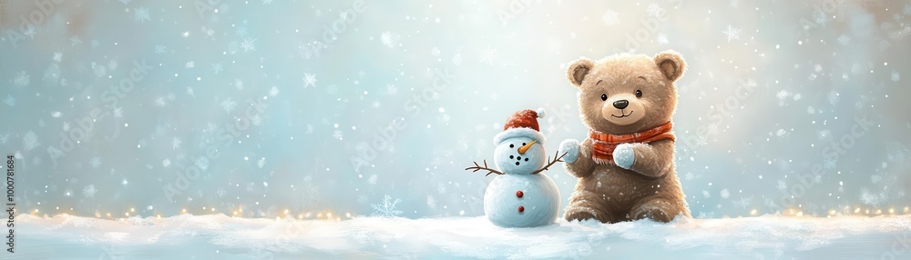 Artistic rendering of a cuddly bear building a snowman in a festive winter setting, bear in snow, festive scene Artistic rendering of a cuddly bear building a snowman in a festive winter setting, bear in snow, festive scene