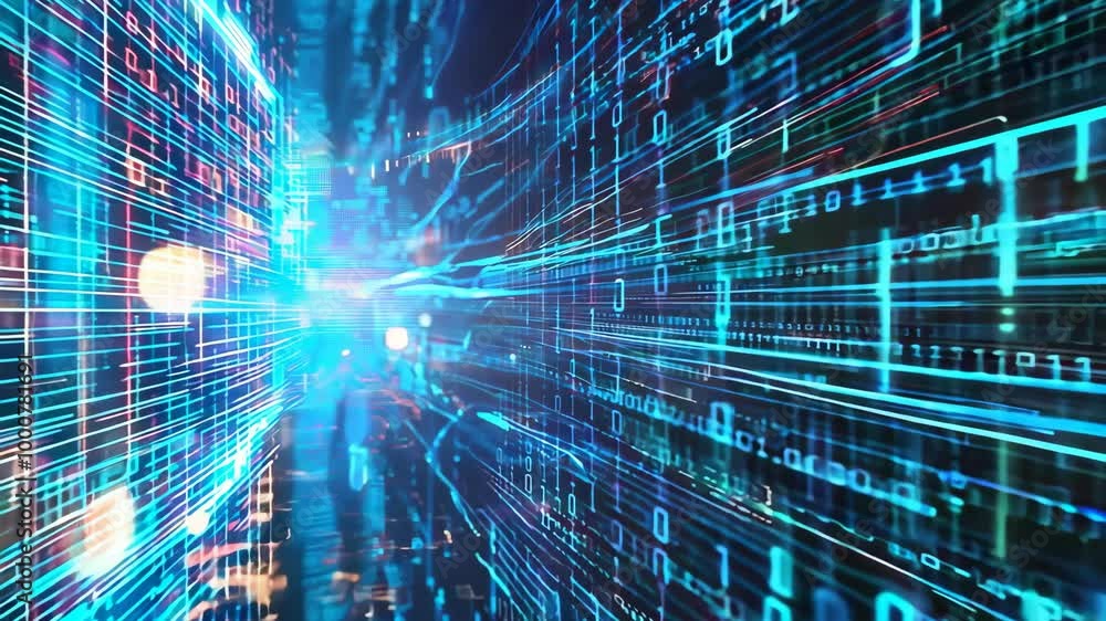 Abstract blue digital background binary code, AI code running in the background